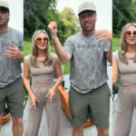 Lainey Wilson and Duck Hodges laugh while attempting a dance to Phone, Keys, Wallet.